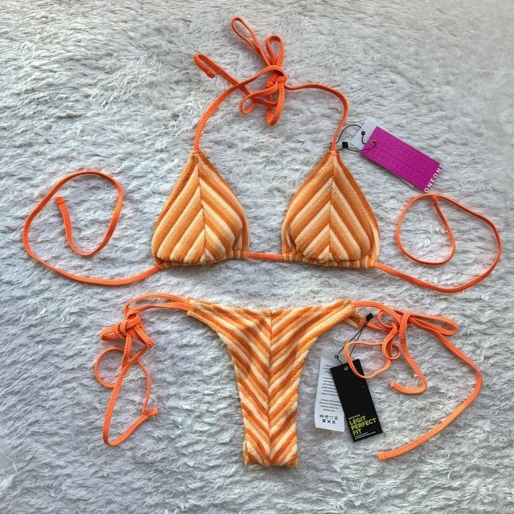 NWT OneOne Swimwear Bikini Set Orange Tangerine Dream Triangle Ariel Terry Cute